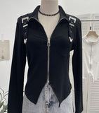 Real Shooting Irregular Zipper Collar Short Small Coat With Long Sleeves And Bottom Shirt 2680