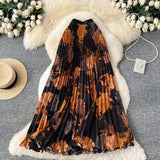 Vintage Print 100-Fold A-Word Niche Dress Women High Waist Thin Design Sense Commuting High-End Long Dress