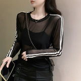 Purely Chic Unique Hottie Sexy Mesh Stripe Spliced Long Sleeve Sunscreen Shirt Design Sense Of Niche Top Woman