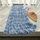 Rotating Skirt ~ Blue Lattice Mesh Yarn Half-Dress Woman Oversized Swing A Word Hundred Fold Skirt Wood Ear Splicing Cake Skirt
