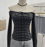 Real Shooting Design With A Word Shoulder Striped Strapped T-Shirt For Women's Spring Long-Sleeved And Shoulder-To-Shoulder Short-Sized Top 8026