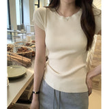 Grey Shoulder Short T-Shirt Girl 2025 New Slimming Summer Short-Sleeved Hottie Knitted Top