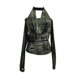Vintage Hottie Hanging Neck A Word Shoulder Collar Long Sleeve Mesh Yarn T-Shirt 1331