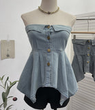 Real Shooting Thai Hottie Irregularly Under The Water Wash Denim Breast Vest Short Single-Breastless Sleeveless Top 2652
