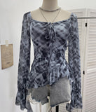 Real Shot Long-Sleeved T-Shirt With Thoracic Horns With Irregular Lotus Leaf Edge Drifting Belt 8038