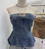 Real Shooting Of The Female Jeans Breast 2026 New Split Press Line To Close The Waist A Swing Vest Short Sleeveless Top 828