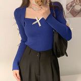 Sweet Three-Dimensional Bow Bow Collar Long-Sleeved Knitted Shirt Women Autumn New Design Sense Of Beauty To Put On The Top