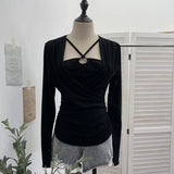 French Design Sense Hanging Neck Cross-Folded Long-Sleeved T-Shirt Inside The Fake Two-Piece Top Female 2767