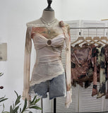 Real Shooting Lace Splicing Oblique Shoulder Thin Tie-Dye Mesh T-Shirt Girl T-Shirt T-Shirt Shawl T-Shirt 9986