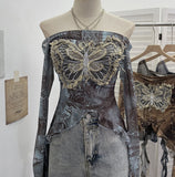 Real Shot Raging Butterfly Embroidery Y2k Babes Punk Word Shoulder Tie-Dye Mesh T-Shirt With Short Top 1319