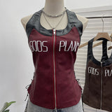 Real Shooting Babes Hanging Neck Pu Embroidered Sling Sling Vest One-Swaive Zipper Short Sleeveless Top 1366