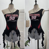 Real Shooting Retro Jersey Vest Letter Print Oblique Shoulder Hottie Wearing Lotus Edge Ribbon Ribbon Short Top 1279