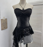 Real Pat With Chest Cushion Irregular Ribbon Lace Skirt Stided With Denim Vest Back Sleeveless Top 2759