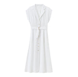 Spring New Women's Solid-Color Suit Collar Single-Dneck With Belt Shirt-Style Fan Flute Dress