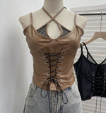 Real Shooting Locomotive Punk Pu Splicing Fishing Net Hanging Neck Sling Vest Babes Wearing Rope Repair Short Blouse 8106