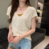 Dopamine Super-Good-Looking Purple Loose Thin V-Neck Short-Sleeved T-Shirt For Women 2025 Unique Beautiful T-Shirt