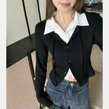 Fake Two Splicing Poio Long Sleeve 2025 Cardigan Gray Single Buckle Design To Feel The Sexy Top