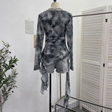 Vintage Print Double-Layer Mesh Long-Sleeved Top Design Feel Irregular Ribbon-Up T-Shirt 99981