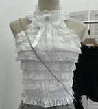 Real Shooting Guangzhou Women's Clothing Hanging Neck Vest Bow Layer Lace Splicing Short Sleeveless Top 2858