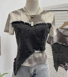Stylish Denim Splicing Dizzy Mesh Yarn Short-Sleeved T-Shirt Girl Summer Body Short Small Blouse 26171