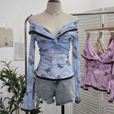 Vintage Oil Painting Print Collar A Word Twisted Folded Short-Sleeved Trumpet Blouse 9907