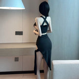 Summer New Sexy Low-Breasted Neck Cross Waist Vest High-Waist Irregular Skirt Two-Set Woman