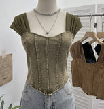 Real Clapping Collarbone Shoulder T-Shirt Women's Summer Mesh Spliced Denim Repair Short Sling Sling Vest 19051