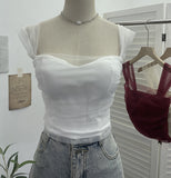 Real-Spat Thai-Style Small Design Mesh Yarn Draw-Folded Breast Sling Sling With Bra Cushion Short Sleeveless Top 8022
