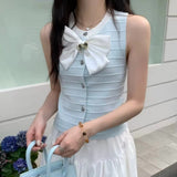 French Small Scented Bow Sleeveless Vest Open Shirt Women's Summer New TemperamentÐÞ Knitted Shirt Wear Clothes