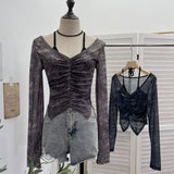 Hanging Neck Tie With Fake Two-Piece Mesh Printed Long-Sleeved Top Irregular Folding Repair Short T-Shirt 8877