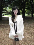 French High-End Feeling Bow V-Neck Lantern Long-Sleeved Dress Women's Summer Retro Waist Showing Thin Short Skirt