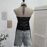 Real-Patting Hottie With Chest Cushion Letter Print Hanging Neck Sling Vest Irregular Ribbon Ribbon Sleeveless Lace Top 1285