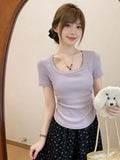 Sweet Purple Collar Folded Waist Short-Sleeved T-Shirt 2026 Summer New Slimming Hottie Short Top