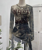 Real Shooting Babes Long Sleeves And Jersey Net Yarn Dye Printing Irregular Lotus Leaf Edge Ribbon Folding Top 9998