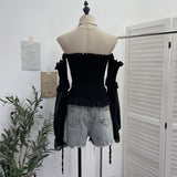 Render Tight Shoulder Bra With Long-Sleeved Lotus Leaf Side Short Chiffon Sexy Shirt 0899