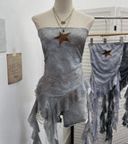 Star Embroidered Babes Style Print Tector Tector Tector Tector Vest Ribbon Short Sleeveless Top 1290