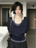 Korean Niche Middle-Sleeved T-Shirt Women Wear Hanging Neck Striped Vest In Summer Slim Top Two Sets