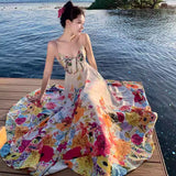 Tea Break French Pure Lust Colorful Broken Flower Sling Ribbon Flowing High-Rise Vacation Dress Bohemia Seaside Dress