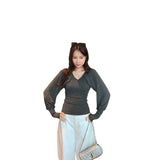 Commuting Folded Splicing V-Neck Long-Sleeved T-Shirt Women's Autumn 2026 New Korean Wear On The Kochi Small Capital