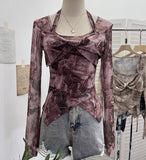 Single Special To The Net Yarn Design Sense Hanging Neck Top Cross Folded Repair Short T-Shirt 1178