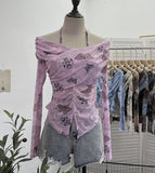 Real Shot Shoulder Strap Hanging Neck Pure Lust Wind Long-Sleeved T-Shirt Repair Cross-Folded Open Fork Short Top 9932