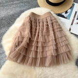Hepburn Style Simple Solid Color Mesh Dress High Waist Tight Thin Design Careful Hot Girl Cake Skirt