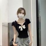 One-Word Shoulder Knitted T-Shirt Women's Short-Sleeved Summer French Bow Irregularly Repaired Waist Short-Scared Shawl