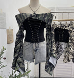 Vintage Shoulder Camouflage Long Sleeve Splicing Rope Tie With Waist Shirt Folded Top 2767