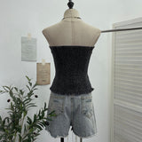 Vintage Water Wash Denim Breasts A Word Shoulder Button Open Shirt Vest To Take Sleeveless Top Lady 617