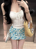 Seaside Holiday Style Set Pure Desire Design White Hanging Neck Blouse Blue Broken Floral Skirt Two Sets