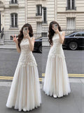 Gentle Style Lace Splicing Mesh Dress Summer Temperament Slim Sleeveless Vest Long Dress New Female