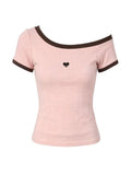 Vintage Slanted Shoulder T-Shirt Girl Summer Slimming Design Feel Shoulder-To-Shoulder Top