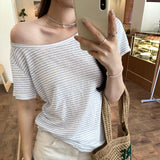 This Year's Popular Beautiful Temperament Shoulder Wide Collar Short-Sleeved T-Shirt Women's Summer 2025 New Blouse