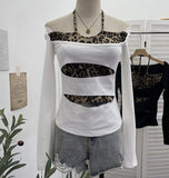 Real Shooting With Hanging Neck Leopard Print Splicing Two Long-Sleeved Tops A Short Shoulder Bottom T-Shirt 28787